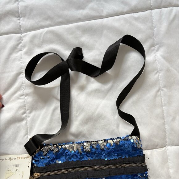 NWT Sasha New York Blue Silver Sequin Crossbody Purse Strap Black Club Party - Picture 7 of 8